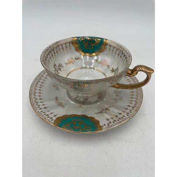 Vintage Teacup & Saucer Set With Gold Trim & Green Floral Accents - Picture 3 of 5